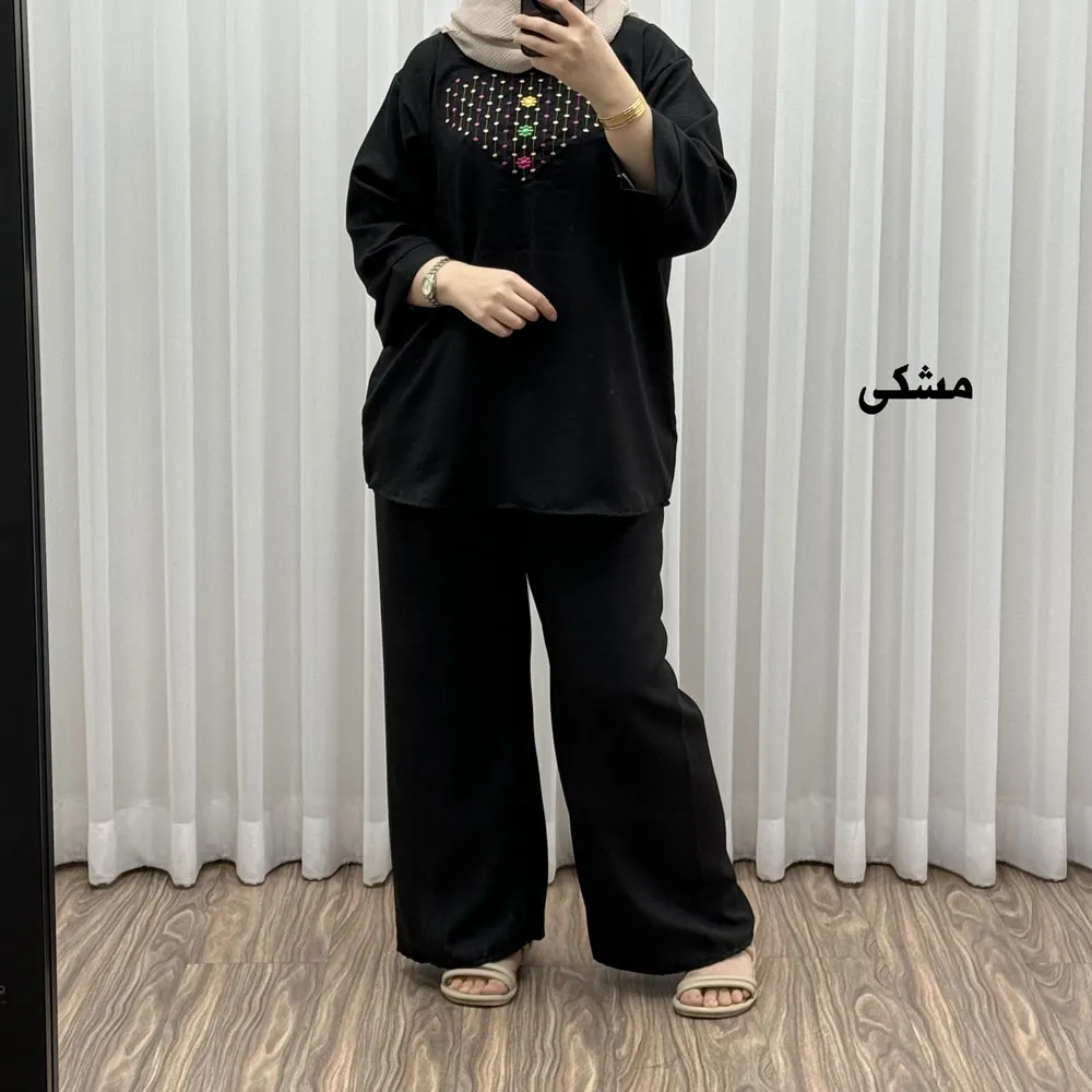 ست بلوز شلوار گلدوزی آلنا فری سایز تا 50 جنس صوفیا چهارفصل شیک راحت بدون آبرفت و رنگ رفت