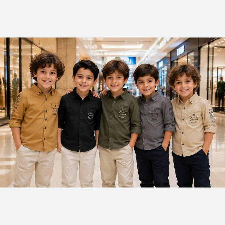 پیراهن اسپرت پسرانه و دخترانه کتان ترک رنگ کرم سایز 3 تا 12 سال