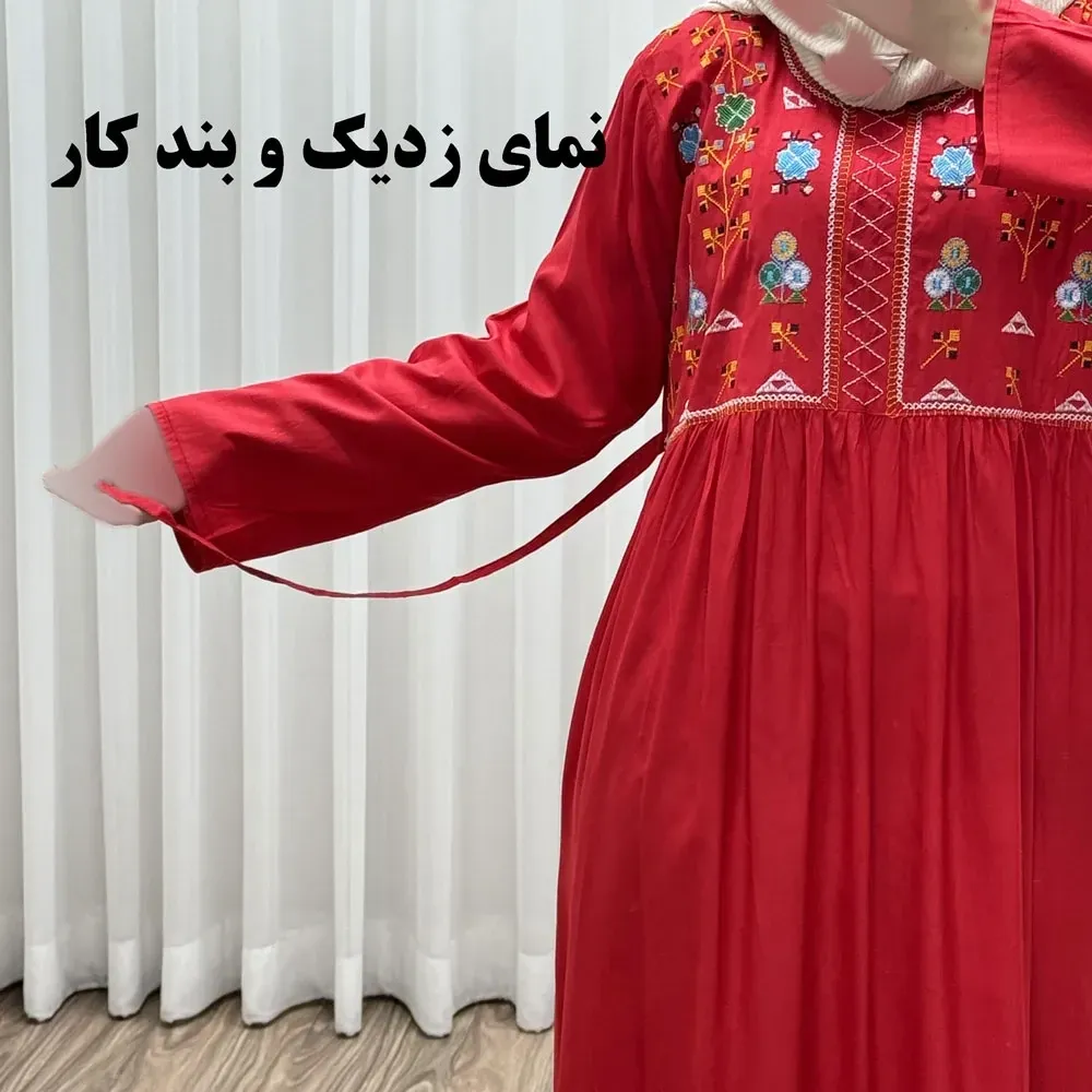 پیراهن نخی هندی سلن گلدوزی فری سایز تا 50 کمربنددار چهارفصل زنانه شیک
